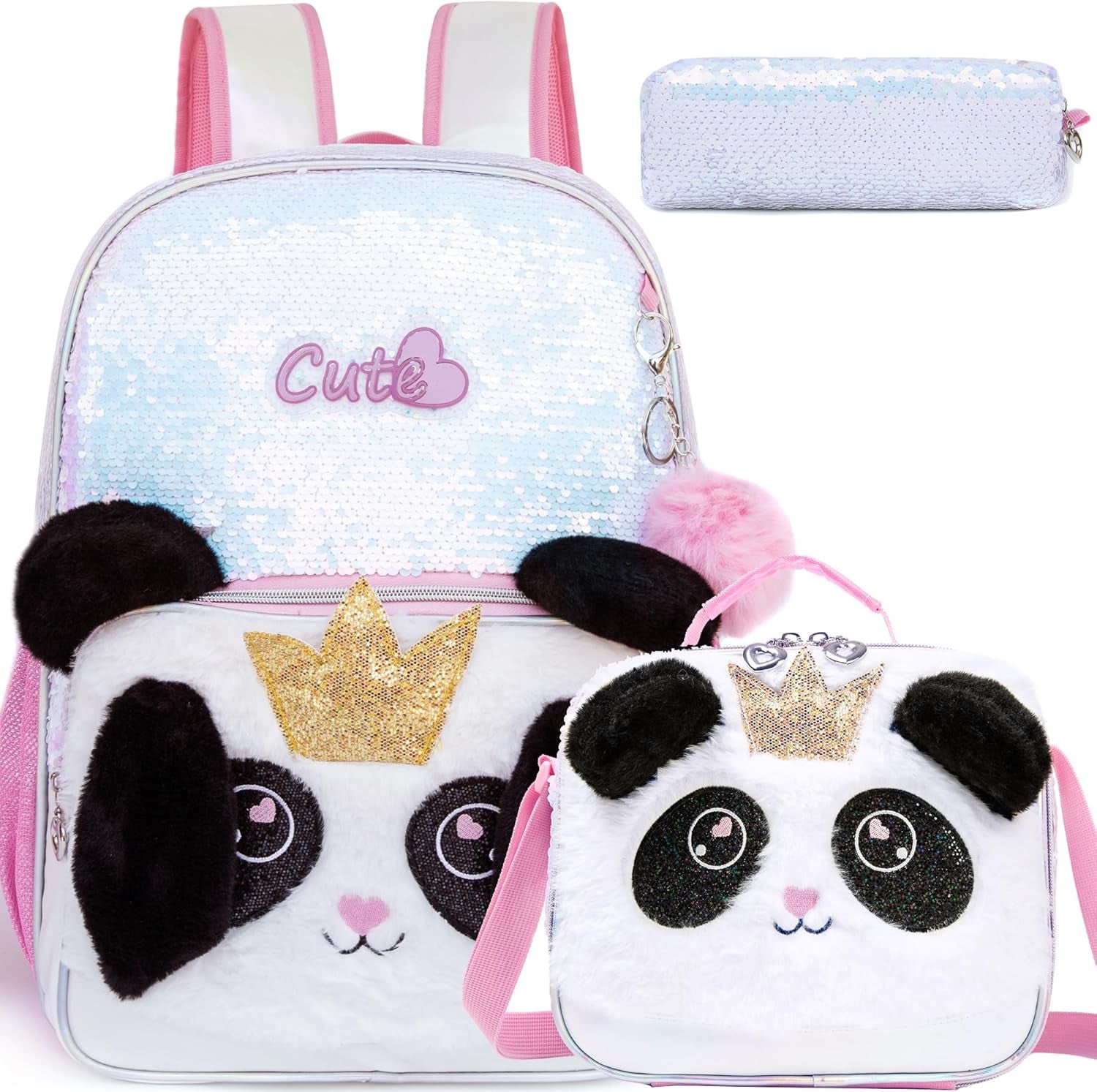 Backpacks for Girls,Kids School Backpacks with Lunch Box for Elementary Preschool Students Cute Panda Sequin Travel Backpack 3 in 1 Bookbag Set for Girls