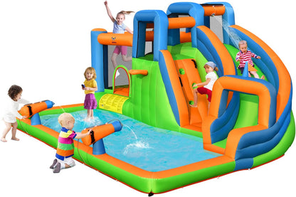 Inflatable Water Slide, 7 in 1 Mega Water Park Bounce House Waterslide Combo for Outdoor Fun W/735W Blower, Climbing Walls, Blow up Water Slides Inflatables for Kids and Adults Backyard Gifts