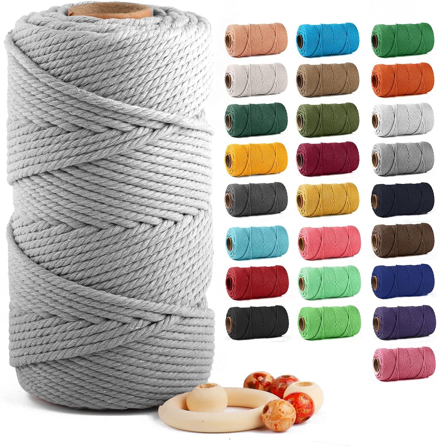 Macrame Cotton Cord 5Mm X 109 Yards,  100% Natural Handmade Colorful 4 Strands Twisted Braided Cotton Rope for Wall Hanging Plant Hangers Gift Wrapping Tapestry DIY Crafts(100M,White)