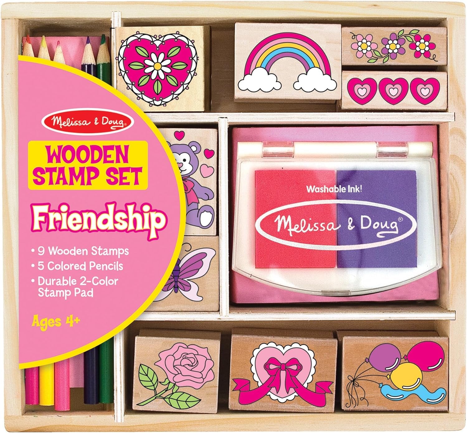 Disney Princess Wooden Stamp Set: 9 Stamps, 5 Colored Pencils, and 2-Color Stamp Pad with Washable Ink for Kids Ages 4+