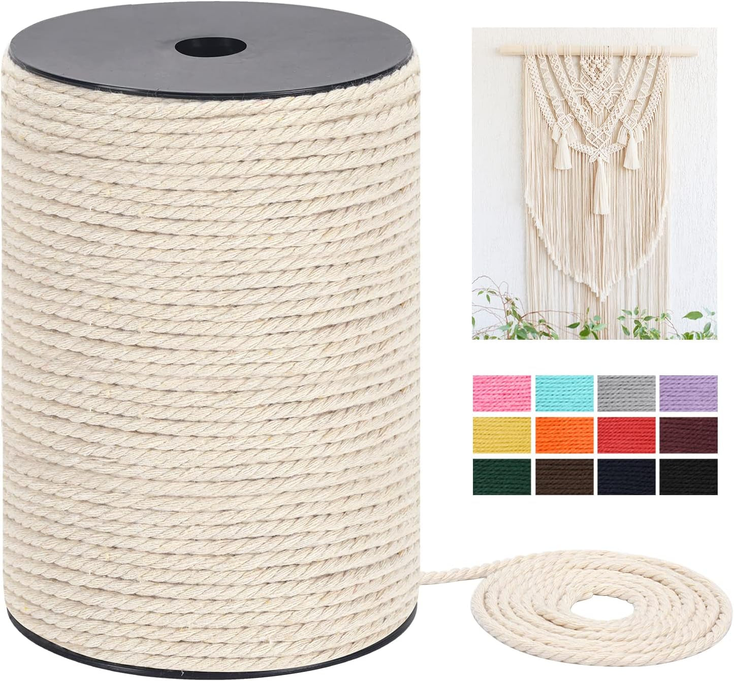 Macrame Cord 4Mm X 328Yards(984Feet),Natural Cotton Macrame Rope - 3 Strands Twisted Macrame Cotton Cord for Wall Hanging, Plant Hangers, Crafts, Gift Wrapping and Wedding Decorations