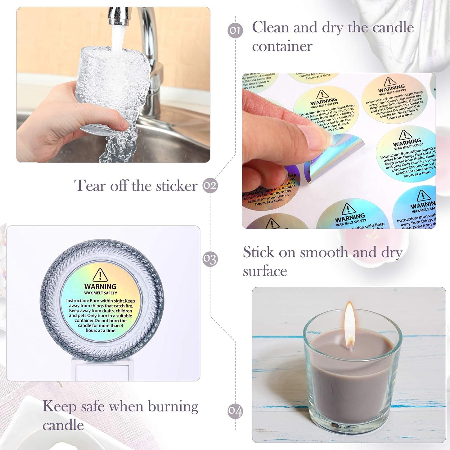 Holographic Candle Warning Labels Candle Jar Container Stickers Wax Melting Safety Stickers for Candle Jars Tins Containers Candle Making Supplies (240)