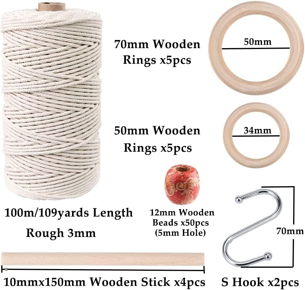 119Pcs Macrame Kits for Starter 3Mm X 109Yards Natural Cotton Macrame Cord with 100Pcs Wooden Beads,10Pcs Wooden Rings,Wooden Sticks,Metal Rings,S Hooks Macrame Supplies for Plant Hangers