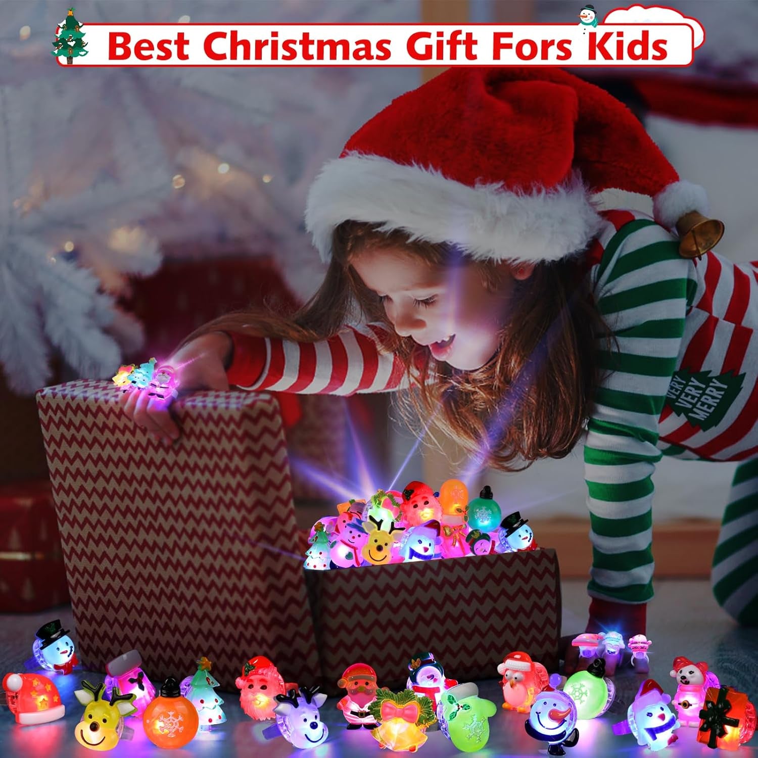 Christmas Party Favors 25Pcs 3D LED Finger Lights for Kid & Adults Toys Light up Rings Stocking Stuffers Party Favors Assorted Styles Gift Package No-Repeat Non Candy Gift New Version