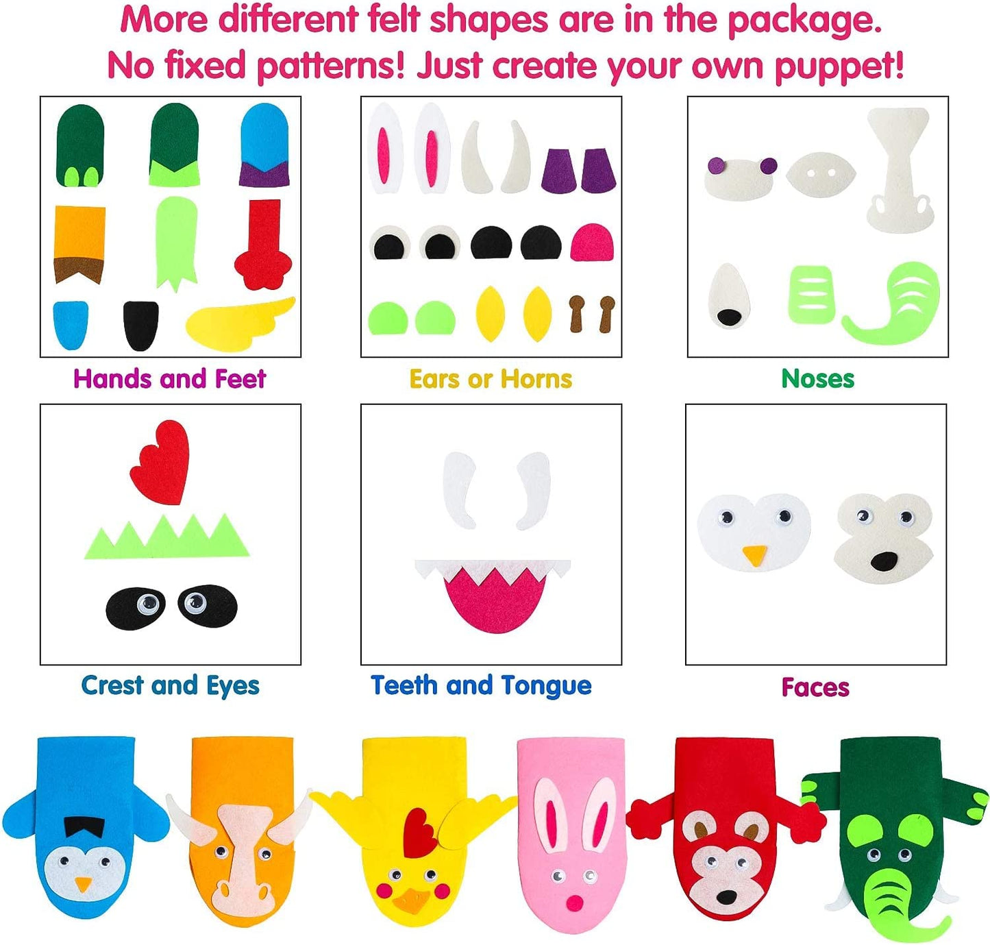6Pcs Hand Puppet Making Kit for Kids Art Craft Felt Sock Puppet Toys Creative DIY Make Your Own Puppets Pompoms Wiggle Googly Eyes Storytelling Role Play Party Supplies Gift for Girls Boys