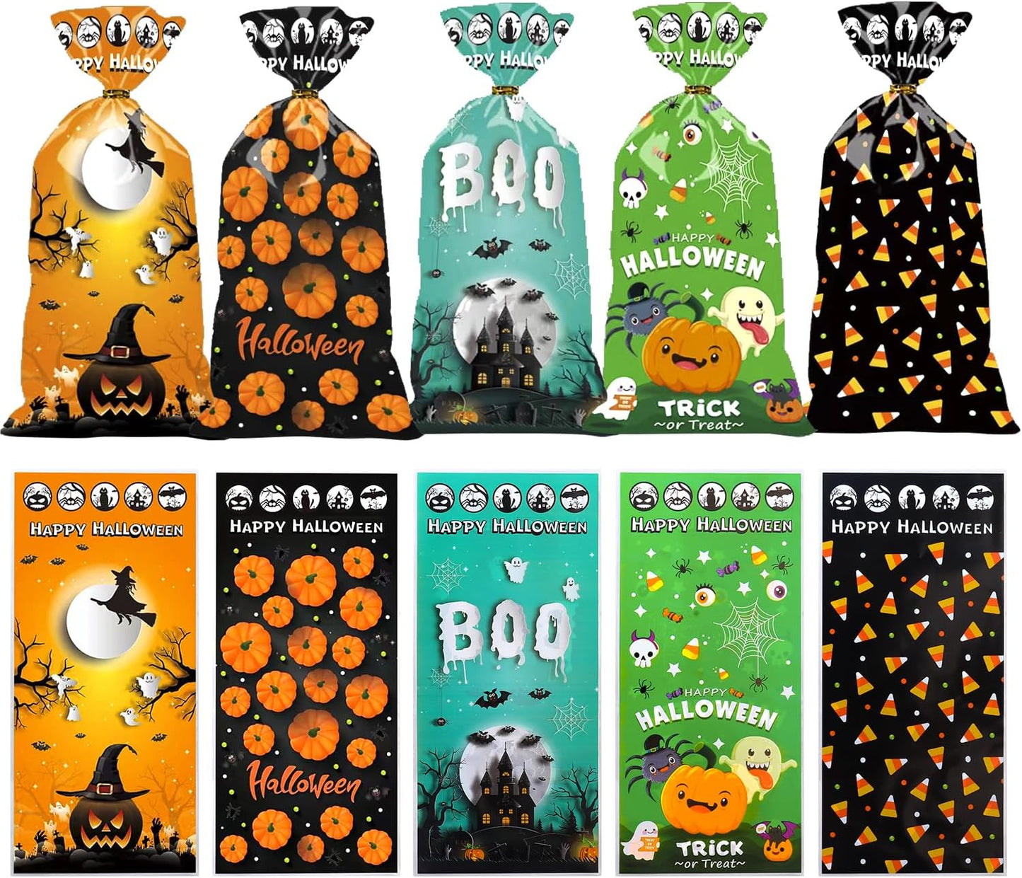 Halloween Cellophane Candy Bags, 150 Pcs Plastic Halloween Trick or Treat Bags Goodies Bags with Twist Ties for Snacks Cookies