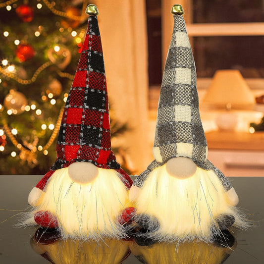 2 Pack Lighted Christmas Gnomes, 12 Inch Handmade Plush Scandinavian Swedish Tomte with Buffalo Plaid Hat, Light up Elf Toy Holiday Present, Battery Operated Xmas Gifts Winter Tabletop Decor