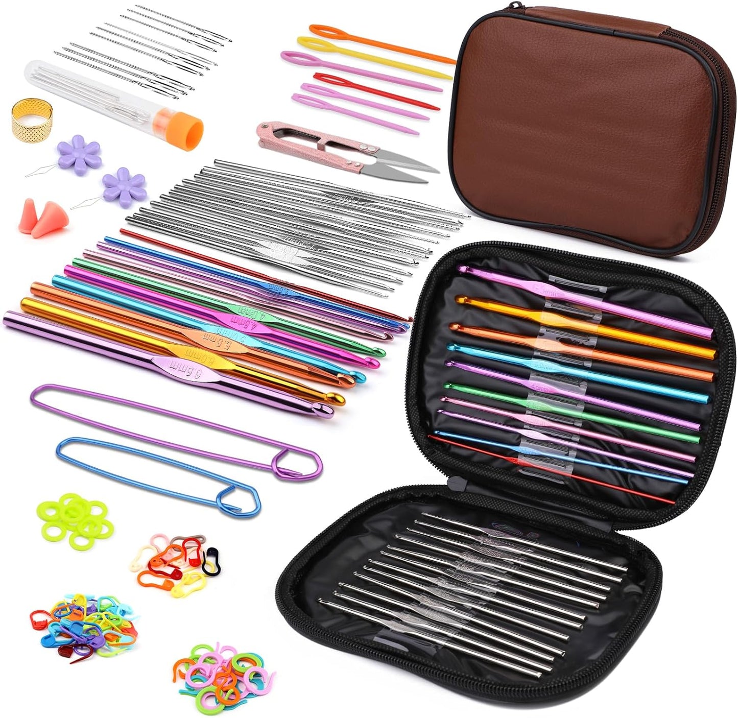 54 Pcs Crochet Needles Set, Crochet Hooks Kit with Storage Case, Ergonomic Knitting Needles Blunt Needles Stitch Marker DIY Hand Knitting Craft Art Tools for Beginners