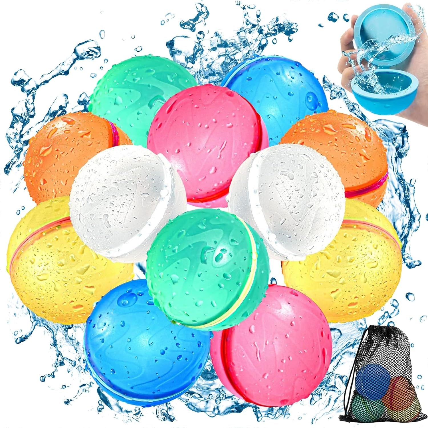 Reusable Water Balloons, Magnetic Refillable Water Balls, Summer Outdoor Water Toy for Kids and Adults, Self Sealing Quick Fill Water Balloons Pool Beach Toys for Boys and Girls (12 Pcs)