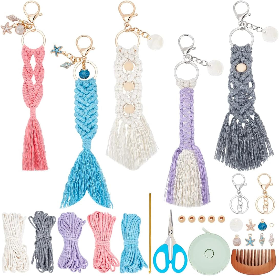 8 Set DIY Macrame Wristlet Keychain Kits for Adults Colorful Macrame Cord Knotting Kit Boho Mini Macrame Tassel Keychain with Instruction + Video for Car Key Purse Phone Wallet Charm