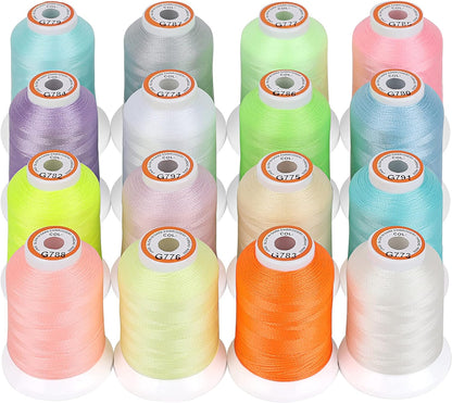 16 Colors Luminary Glow in the Dark Embroidery Machine Thread Kit 30WT 500M(550Y) Each Spool for Embroidery, Quilting, Sewing