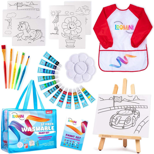 Washable Paint Set 27 Piece Complete Art Set Includes Canvas Panels Paint Brushes Kids Apron Tabletop Art Easel &amp; Storage Travel Bag