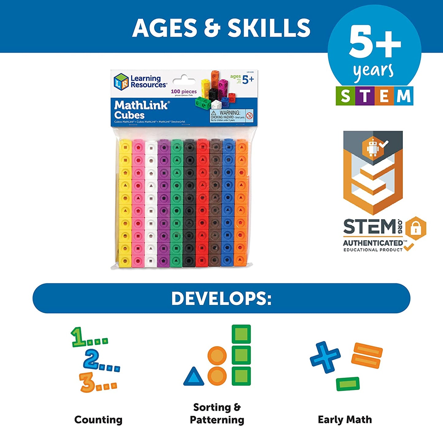 Mathlink Cubes - Set of 100 Cubes, Ages 5+ Kindergarten, STEM Activities, Math Manipulatives, Homeschool Supplies, Teacher Supplies