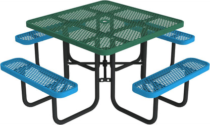 Open Air Series 46" round Picnic Table with Benches and Umbrella Hole, Commercial-Grade Steel Portable Outdoor Picnic Table, Blue