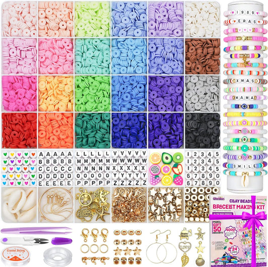 6000 Clay Beads Bracelet Making Kit, 24 Colors Flat Preppy Beads for Friendship Bracelets, Polymer Clay Beads with Charms for Jewelry Making, Crafts Gifts for Girls Ages 6-12