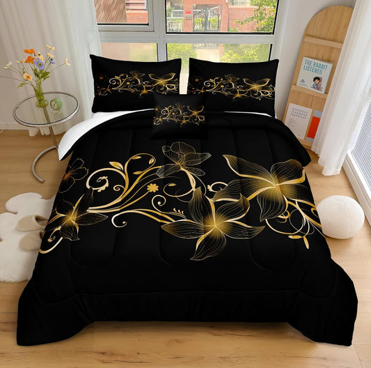 Black Gold Comforter Set King Size Gold Flower Bedding Set 4 Pieces Luxury Black Gold Flower Comforter for Girls Women Gold Metallic Branches Flower Duvet Set for Room Decor