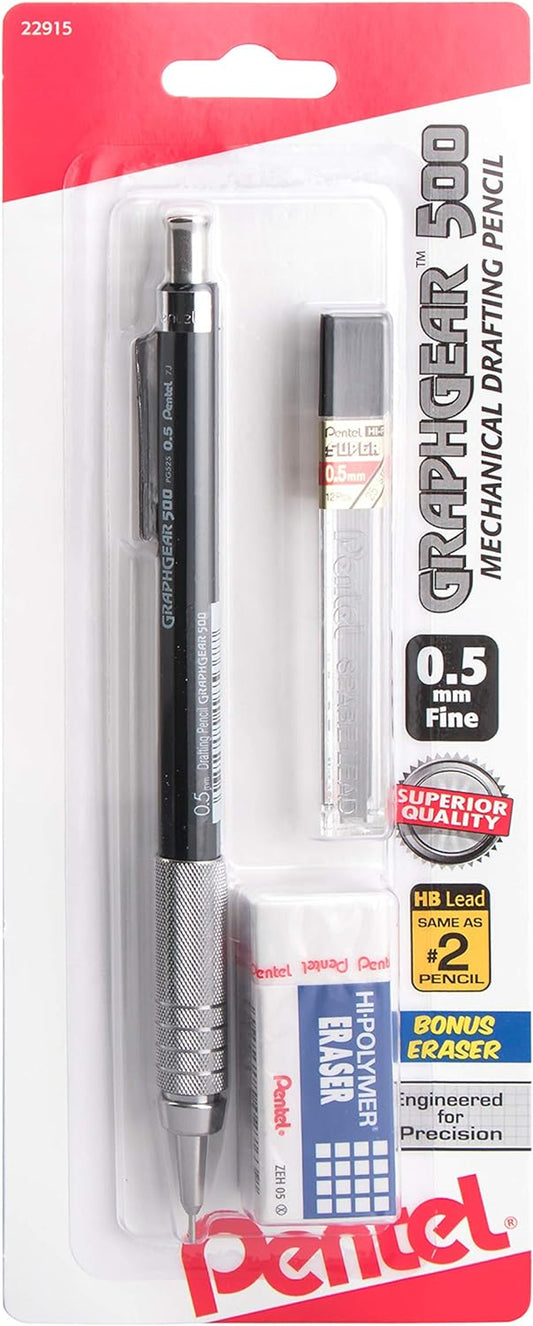 Graph Gear 500 Automatic Drafting Pencil with Lead and Mini Eraser, 0.5 Mm (Pg525Lebp),Black,1 Pack W/ Lead & Eraser