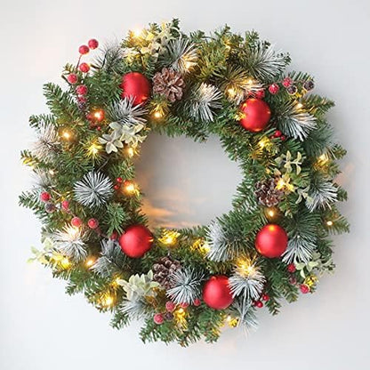 Pre-Lit Christmas Wreath with Lights Artificial Christmas Wreath Decorated with Pine Cones Berry Clusters Frosted Branches Ball Ornaments Christmas Decorations for Window Indoor & Outdoor (20 In)