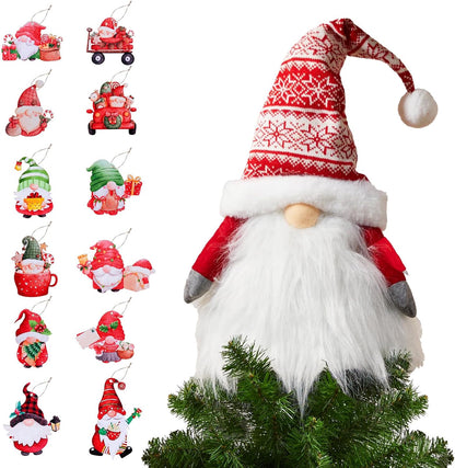 Gnome Christmas Tree Topper with 12Pcs Hanging Gnomes Ornaments,27.5 Inch Large Swedish Tomte Gnome Christmas Ornaments Santa Gnomes Plush Scandinavian Christmas Decorations Holiday Home Décor