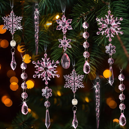 18Pcs Crystal Christmas Ornaments for Christmas Tree Decorations-Light Pink Hanging Acrylic Snowflake and Icicle Ornaments with Drop Pendants for Christmas Tree New Year Party Decorations Supplies