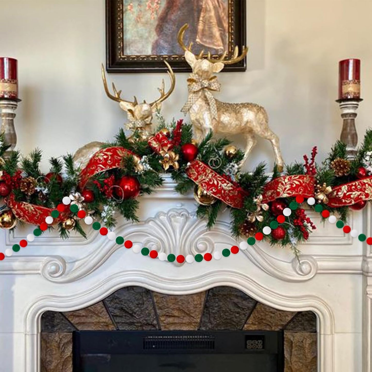 Red White Garlands, 1.2" Large Pompom Garland Boho Decor, 16.4 Ft 60 Pompom Ball Garlands, Red White Pompom Garlands, Christmas for Christmas Tree, Valentine'S Day Mantle Decor(1.2"/3Cm)