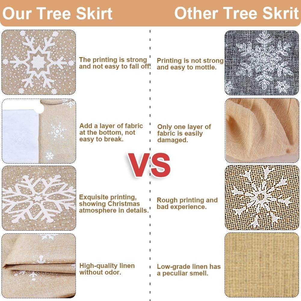 48Inch Christmas Tree Skirt, Burlap Tree Skirt with White Sequin Snowflake Pattern Fur Sides, Farmhouse Christmas Tree Skirts for Xmas Decoration New Year Party Supply