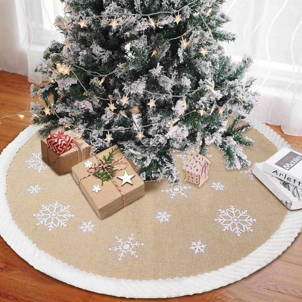 48Inch Christmas Tree Skirt, Burlap Tree Skirt with White Sequin Snowflake Pattern Fur Sides, Farmhouse Christmas Tree Skirts for Xmas Decoration New Year Party Supply