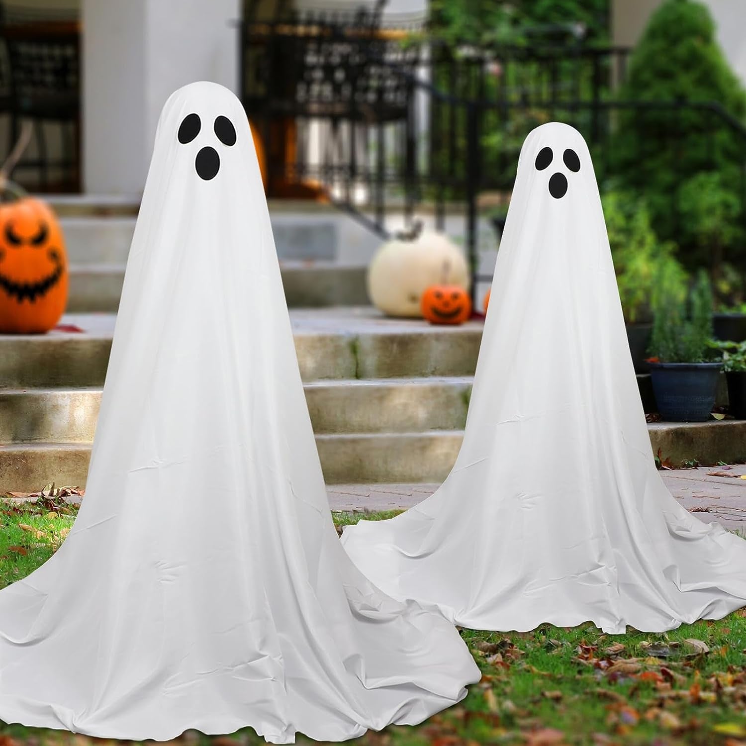 2 Packs Halloween Decorations Outdoor, Spooky Ghost Halloween Decor with String Lights Battery Operated, Easy to Assemble Ghost Decorations for Front Porch Yard