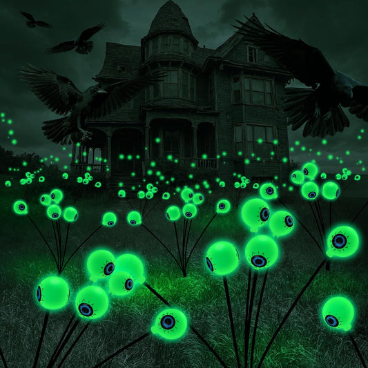 Halloween Decorations Outdoor, Solar Scary Eyeball Lights, 2 Pack 12 LED Green Eyeball Swaying Stake Lights, Waterproof Glowing Firefly Lights, for Yard Garden Lawn Pathway Holiday Party Decor