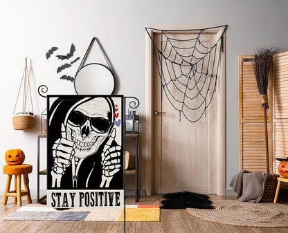 Halloween Garden Flags for outside Decoration, STAY POSITIVE Funny Skeleton Small Yard Flag for Outdoor Decor 12X18 Inch Vertical Double Sided