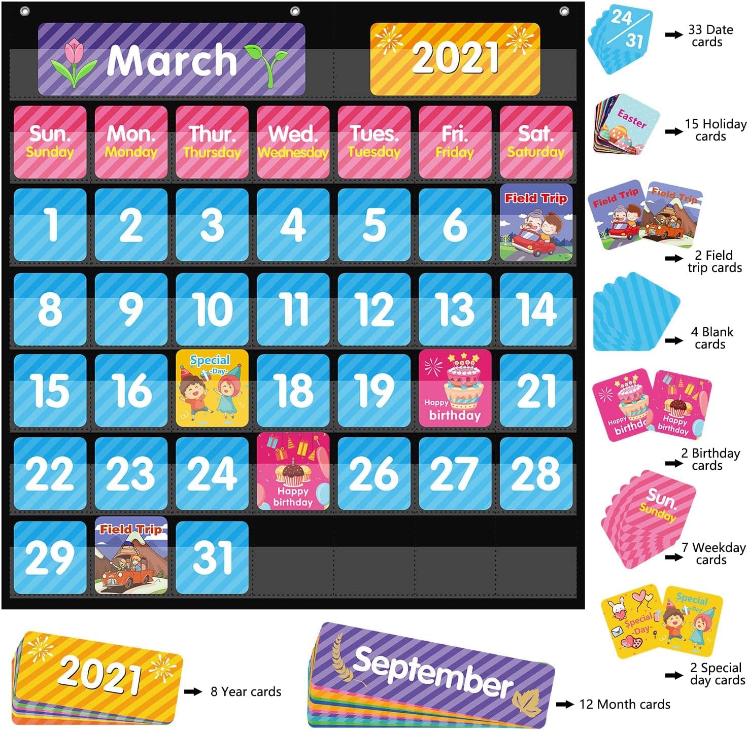 Large 44 Pockets Calendar Pocket Chart for Classroom with 85 Cards, Size:25” X 24” Monthly Calendar and Weather Black Pocket Chart for Kids Learning for Home or Kindergarten (44 Pockets)