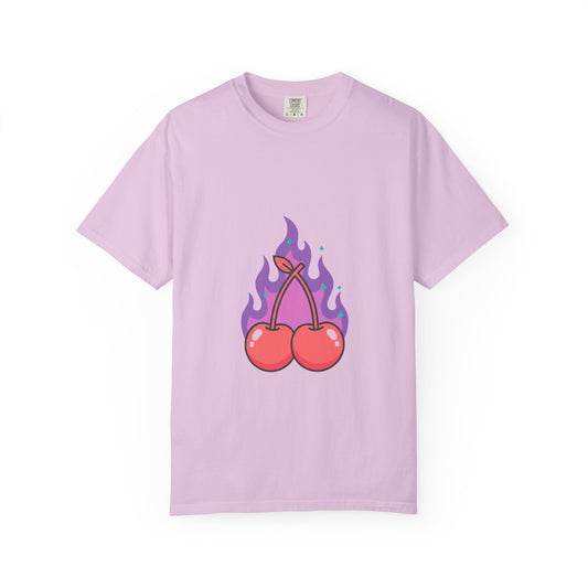 Cherry Pair Flames Tee | Unisex Garment-Dyed Cotton Shirt, Soft Vintage Feel | Valentine & Galentine Gift | Y2K Edgy-Cute