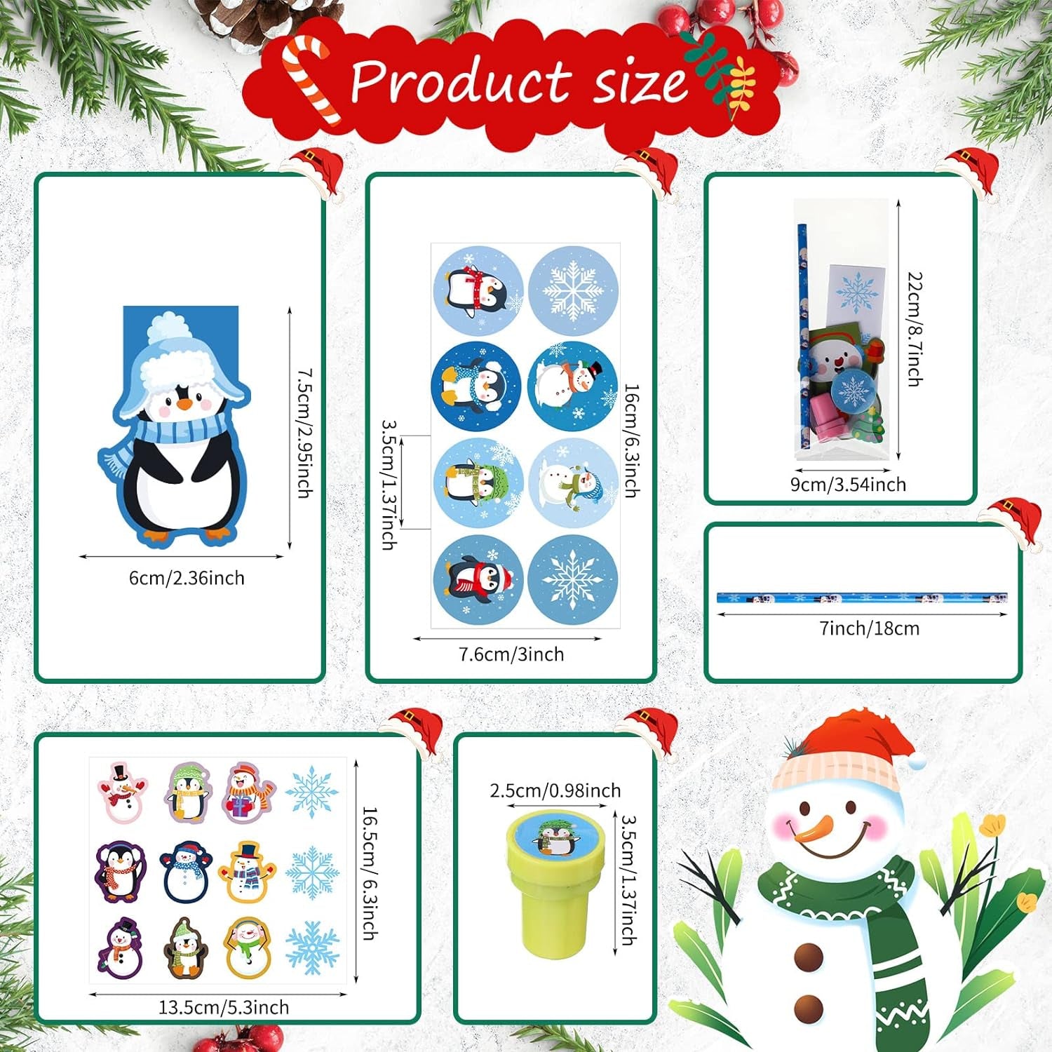 192 Pieces Christmas School Stationery Set Xmas Classrooms Exchange Stationery Gifts Party Favors Class Reward Prizes Notebooks Pencils Sharpener Erasers Stickers Stamps for Party Supplies (Snow)