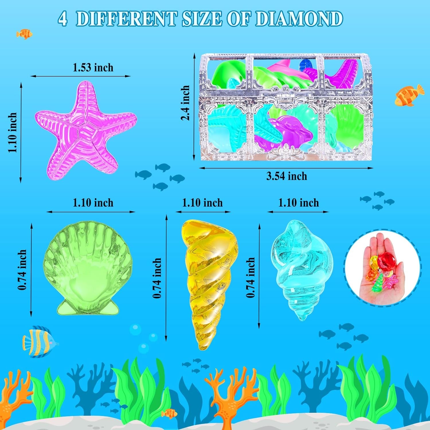 24Pcs Diving Gem Pool Toy Colorful Diamonds Set with Treasure Pirate Box Summer Underwater Swimming Toys for Boys and Girls