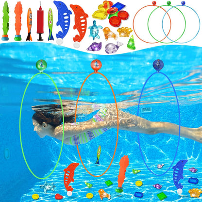 Pool Rings Diving Toys - 26PCS Swimming Thru Pool Diving Game Toys with Dive Rings Underwater Treasures Torpedo Bandits Fish Toys Etc Fun Water Swim Toys for Boys Girls Kids Teens Adults