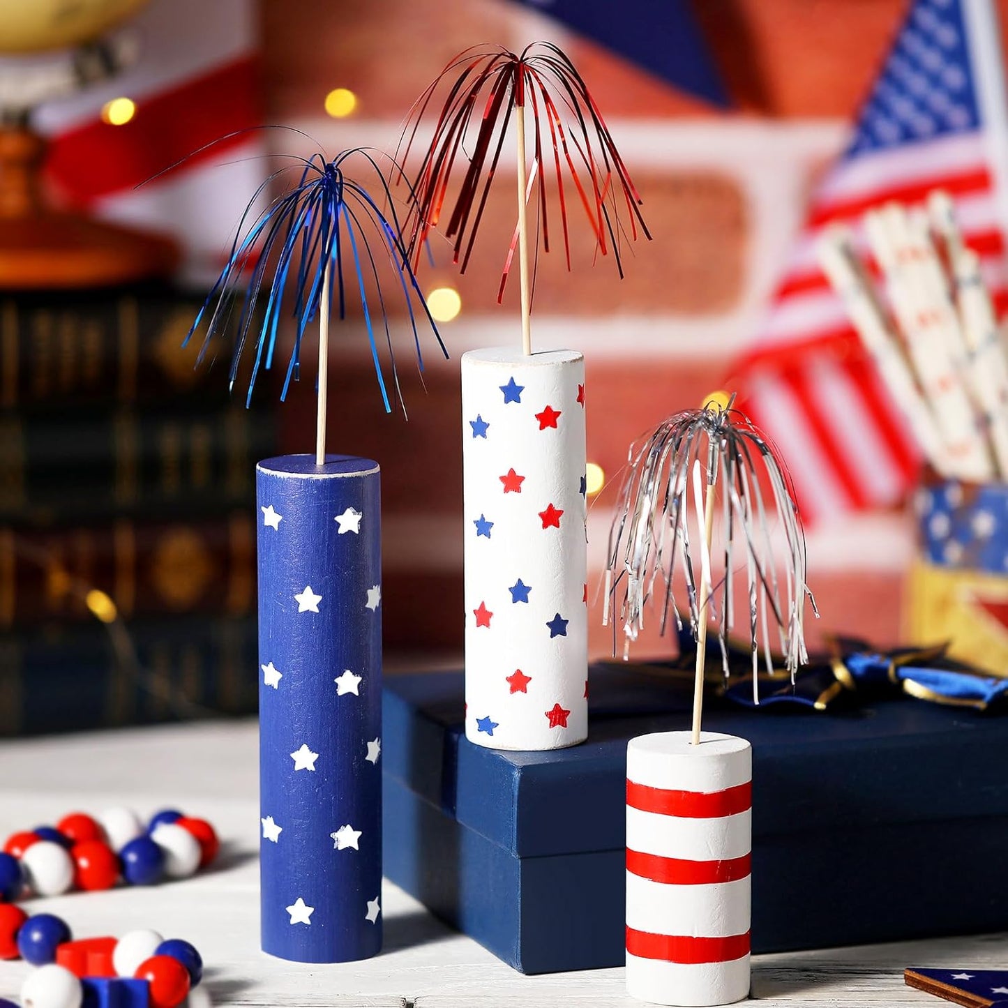 3 Pcs 4Th of July Wooden Firework Patriotic Tiered Tray Decor Independence Day Centerpiece Memorial Day Table Decor Patriotic Wooden Centerpiece for Home Decorations(Stripe and Star)