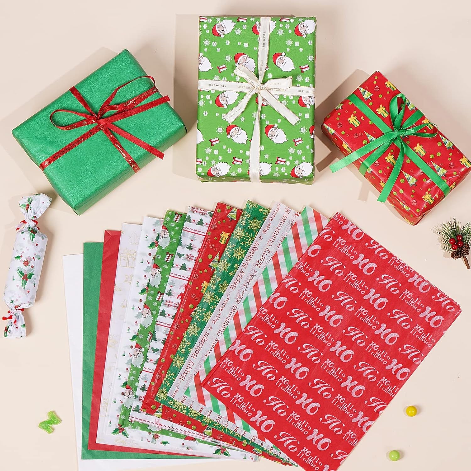 Christmas Tissue Paper, 180 Sheets 19.7" X 19.7" Xmas Wrapping Paper in 12 Different Designs Christmas Series Tissue Paper Bulk for Gift Wrapping Wine Bottles DIY Crafts Decor