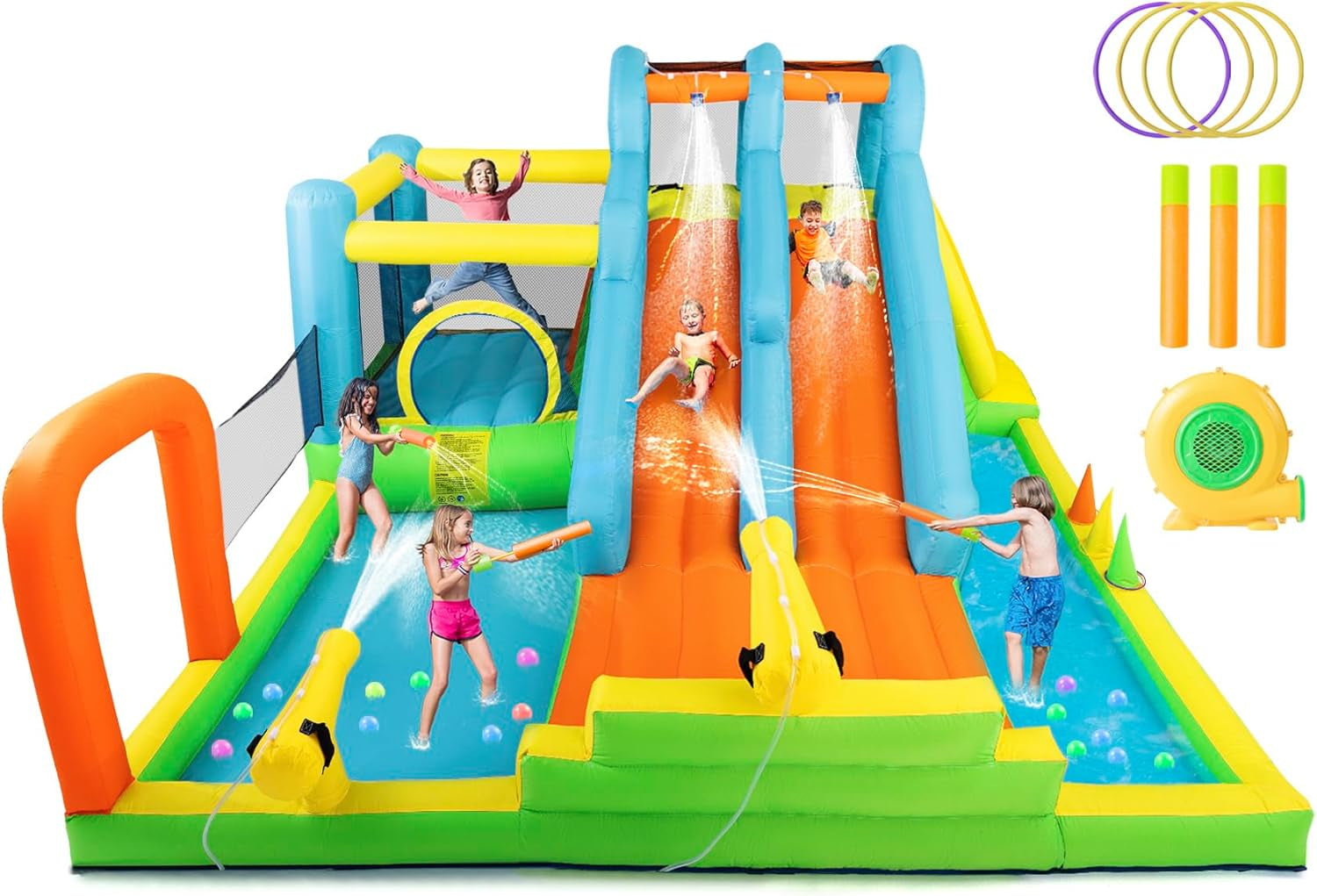 Inflatable Water Slide Bounce House,Giant Water Park, Double Slide Bouncer Castle W/Splash Pool, Jump Area, Climbing Wall, 550W Air Blower for Kids Backyard Indoor Outdoor Use,Free Water Gun