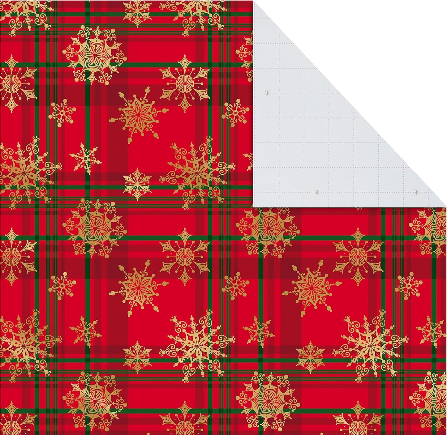 Christmas Flat Wrapping Paper Sheets - Red Gift Wrap Paper (12 Folded Sheets with Sticker Seals) Red, White and Gold Stripes, Santa Claus, Snowflakes on Plaid