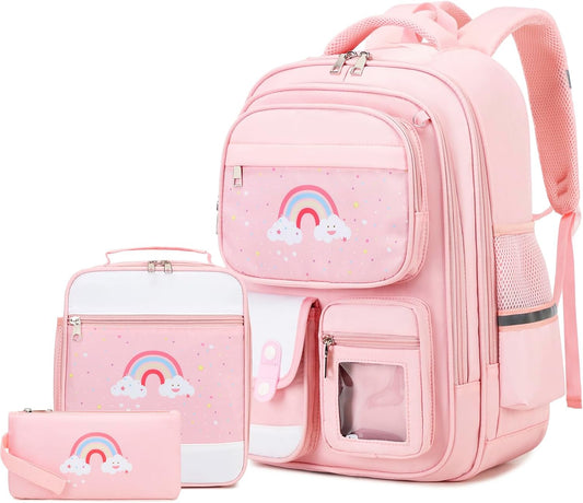 3PCS School Backpack for Girls, Kids Backpack for Girls with Lunch Box Pencil Case, Cute Kawaii Rainbow Backpack for Girls, Schoolbag Bookbag for Kindergarten Elementary Middle High School