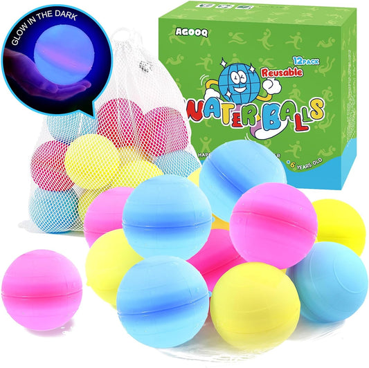 Reusable Water Balloons 12 Glow in the Dark Water Balls Latex-Free Silicone Water Splash Ball with Mesh Bag Quick-Fill Water Bomb for Kids Teens Summer Outdoor Play Pool Party Backyard Fun Water Toys