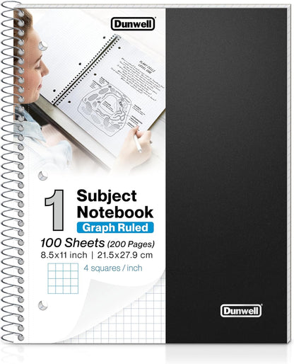 Graph Ruled Notebook, Black Plastic Cover, 100 Sheets 4X4 Graphing Paper, 8.5X11 Graph Paper Spiral Notebook, 1/4" Square Grid Notebook, Poly Pocket, Graph Notebook, Engineering Notebook