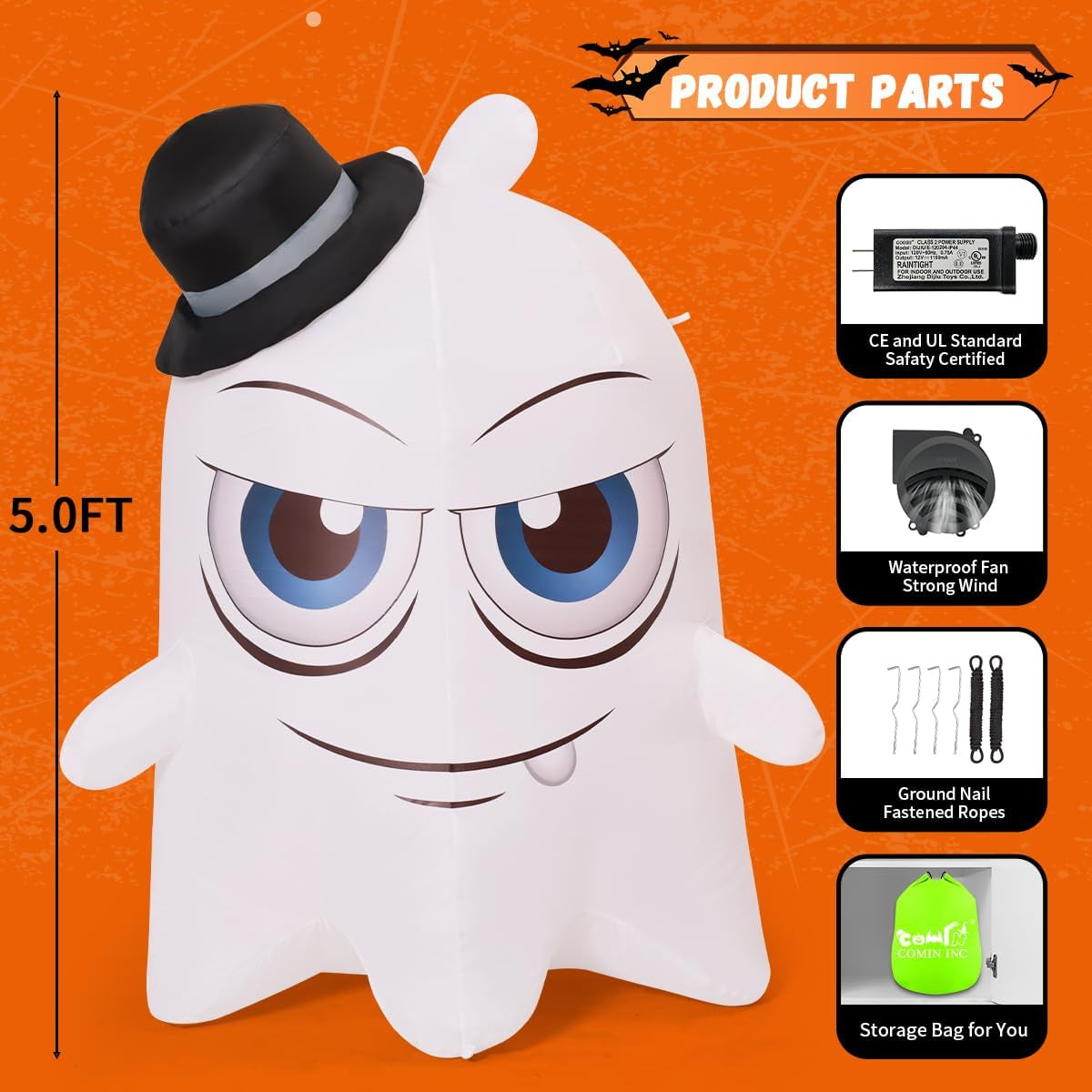 Halloween Inflatables 5 FT Green Light Ghost with Big Eyes Halloween Blow Ups Decorations with Built-In Rotating LED Lights for Holiday Party Indoor Outdoor Yard Garden Lawn