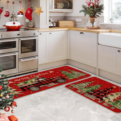 Christmas Kitchen Mats for Floor - Farmhouse Truck Buffalo Plaid Christmas Kitchen Decor - Red Christmas Kitchen Rugs Set of 2, Christmas Decorations for Home, Indoor 17"X27+17"X47"