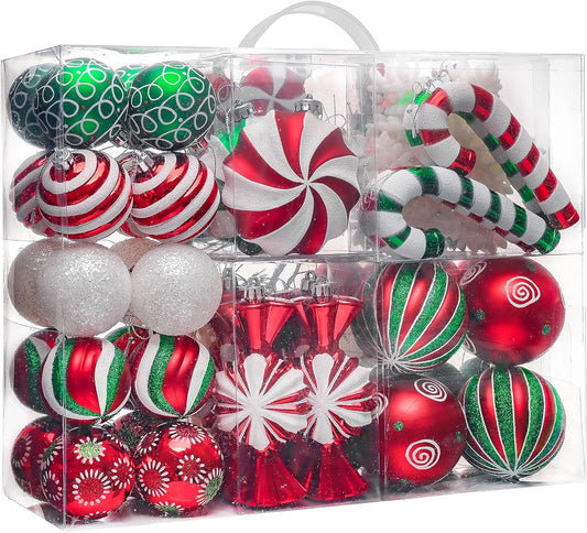 Christmas Ornaments Set, 108Ct Candy Cane Red Green White Shatterproof Christmas Tree Decorations Ball Ornaments Bulk, Decorative Hanging Ornaments for Xmas Trees Holiday Party Decor