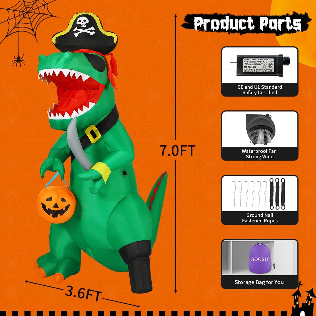 7 FT Halloween Inflatables Dinosaur Outdoor Decorations Blow up Yard Pirate Dinosaur with Pumpkin Decoration with Built-In Leds for Indoor Party Garden Lawn Decor