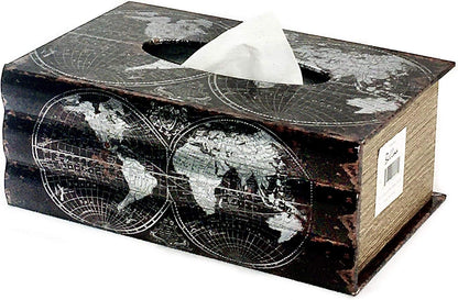 Rectangular Tissue Box Cover Napkin Holder Paper Facial Dispenser Reto Vintage Antiques Old World Globe Map Book Home Office Car Wooden Bathroom Vanity Countertops Stands Desks Tables Fit All