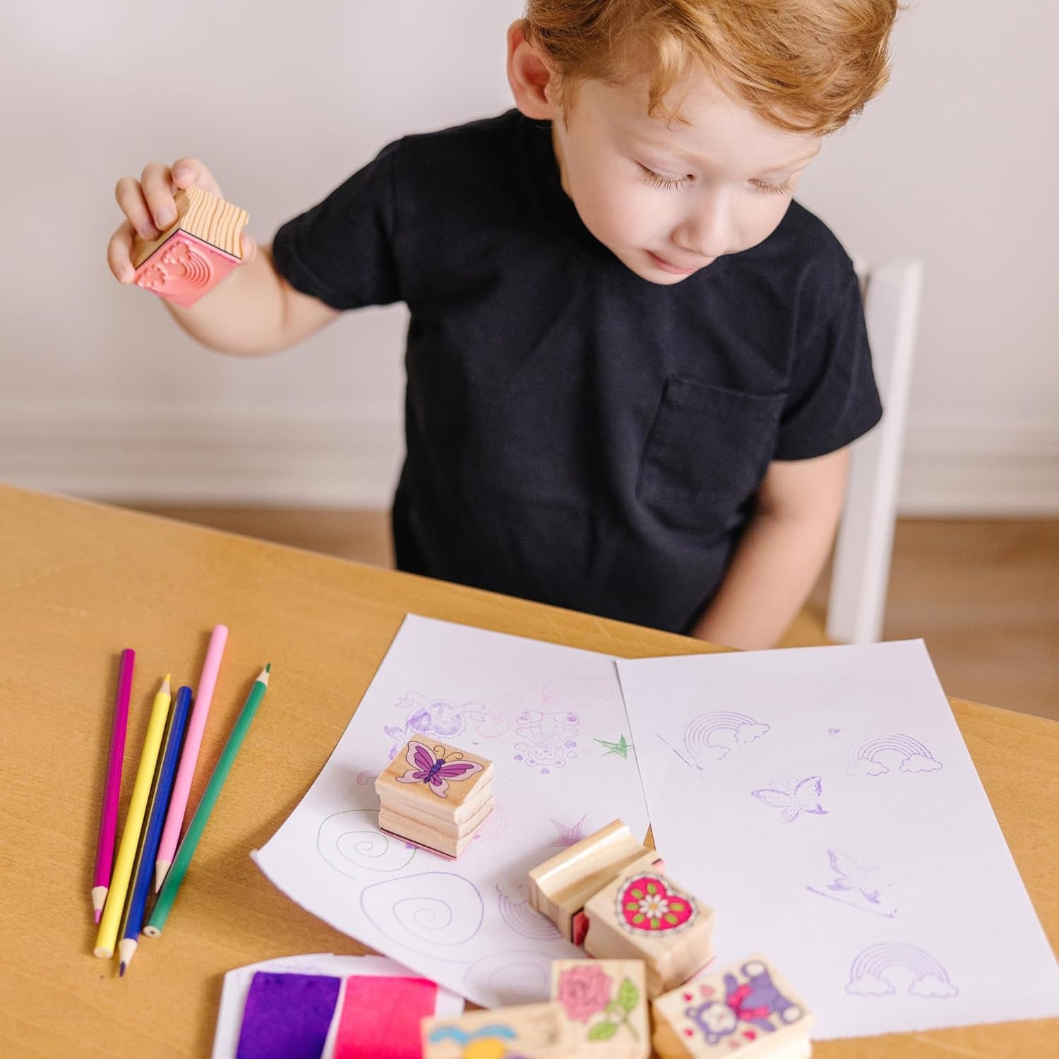 Disney Princess Wooden Stamp Set: 9 Stamps, 5 Colored Pencils, and 2-Color Stamp Pad with Washable Ink for Kids Ages 4+