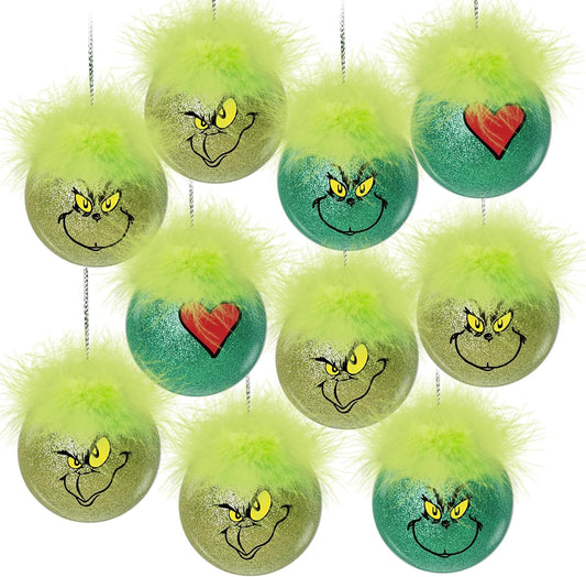 Christmas Decorations Indoor, 10Pcs Cute Whimsical Christmas Tree Balls Ornaments with Fuzzy Green Hair, Glitter Hanging Christmas Balls for Xmas Tree Crafts Fireplaces Home School Office Decor