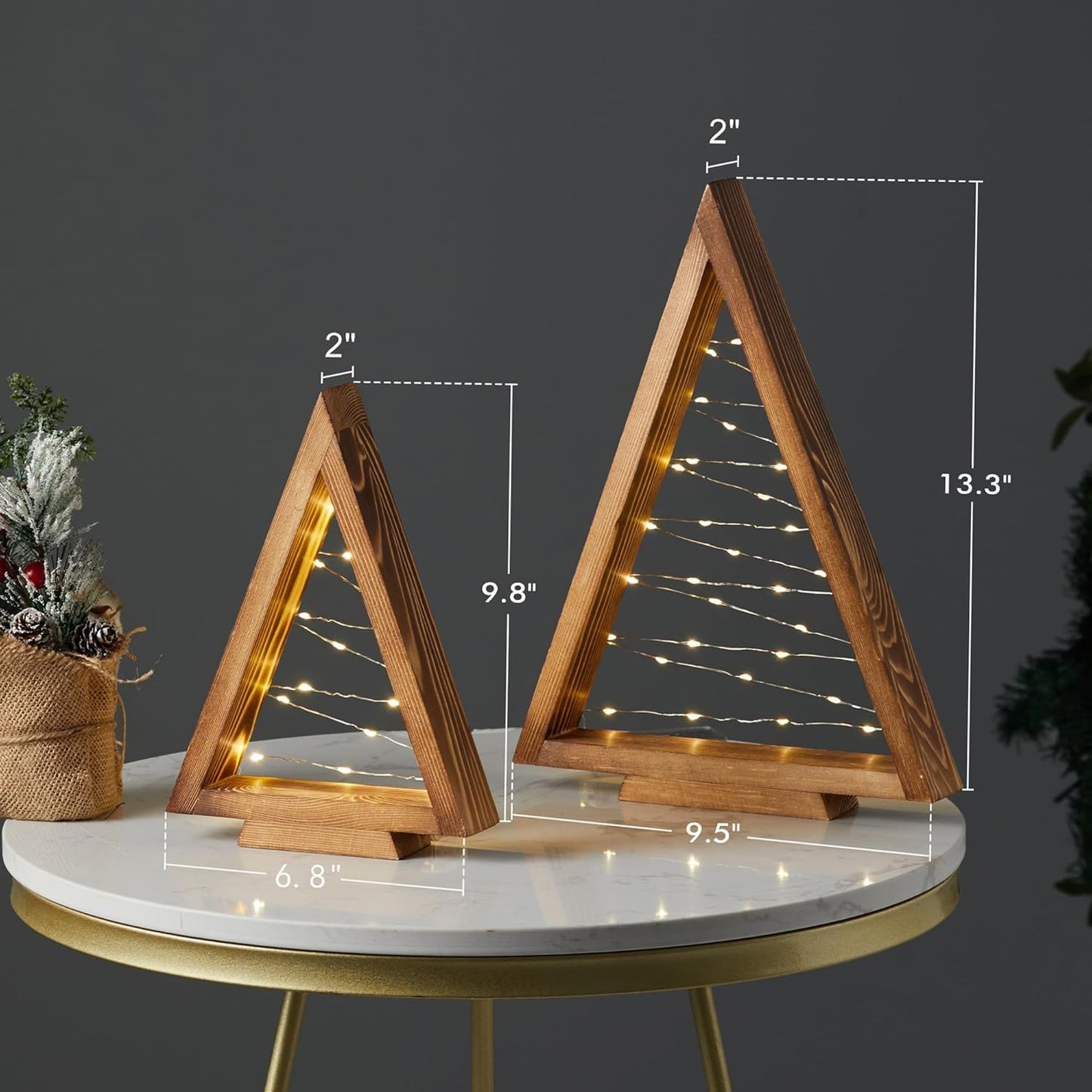 Wood Christmas Tree with Lights, Modern Farmhouse Lighted Tabletop Christmas Tree for Home Table Fireplace Mantle Shelf Decor, Christmas Holiday Decorations Set of 2 (Large 13.3" & Small 9.8")